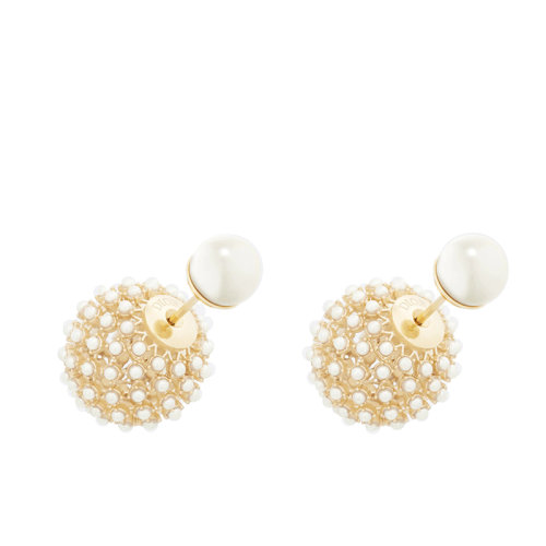 DIOR/迪奥 22新款DIOR TRIBALES系列 女士金色金属镂空圆珠造型镶嵌白色树脂珠子耳环耳钉E2061WOMRS_D301