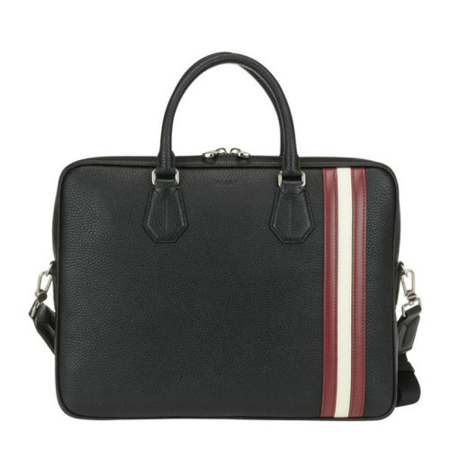 BALLY/巴利 男士黑色粒面牛皮经典红白条纹装饰拉链开合单肩包斜挎包手提包公文包男包 6218266