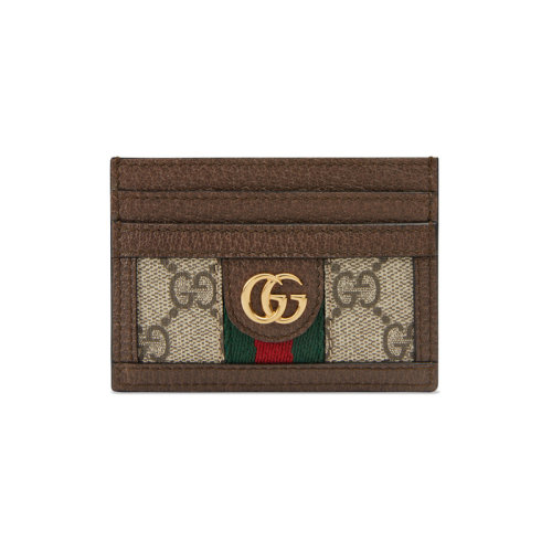 GUCCI/古驰 Ophidia女士棕色皮革拼帆布双G卡包523159 96IWG 8745