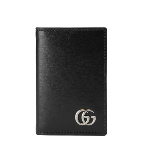 GUCCI/古驰 GG Marmont系列 男士黑色光滑皮革银色双G装饰双折卡包卡片夹5470750YK0N1000
