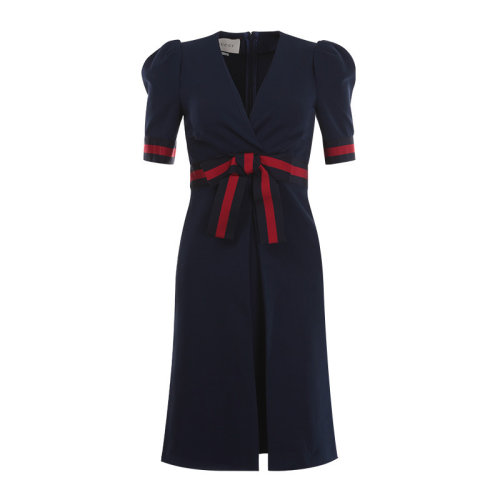 GUCCI/古驰  深蓝色 V领 腰部条纹蝴蝶结 短袖 女士连衣裙 501488 X7B04 4969