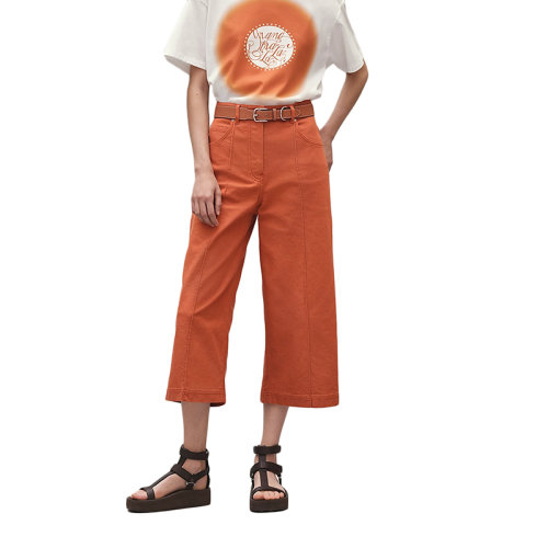 HERMES/爱马仕 22年早春新款 女士橙色弹力牛仔布短款棉质喇叭裤H2E0453DQ2N36