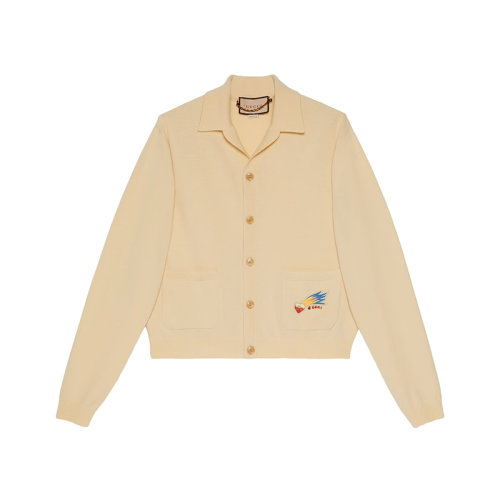 GUCCI/古驰 22年秋冬新款 Lovelight系列 男士浅黄色纯羊毛流星G爱心贴饰针织开衫毛衣?706917XKCKR7536