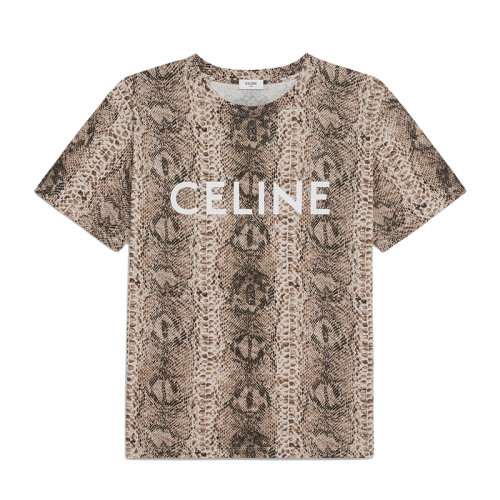 CELINE/赛琳 22年早春新款 男士棕色/白色纯棉蛇纹印花正面LOGO短袖宽松T恤2X681307H.19BW