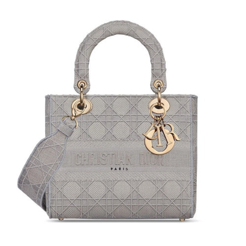 DIOR/迪奥 Lady Dior 女士中号灰色刺绣帆布肩带单肩手提包戴妃包 M0565OREY_M950