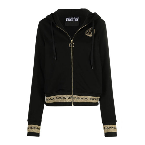 VERSACE JEANS/范思哲牛仔 女士黑色涤纶混纺聚酰胺经典字母徽标印花装饰拉链开合长袖上衣外套连帽衫 B6HWA7TQ-30318-K42