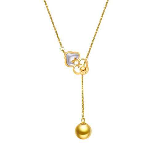 zhuella/珠艾乐 18k黄金南洋金珠平安锁项链