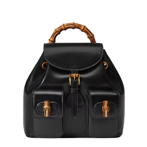 GUCCI/古驰 22新款 女士黑色皮革内置抽绳计翻盖搭扣竹节手柄双肩包背包702101UZY0T1000