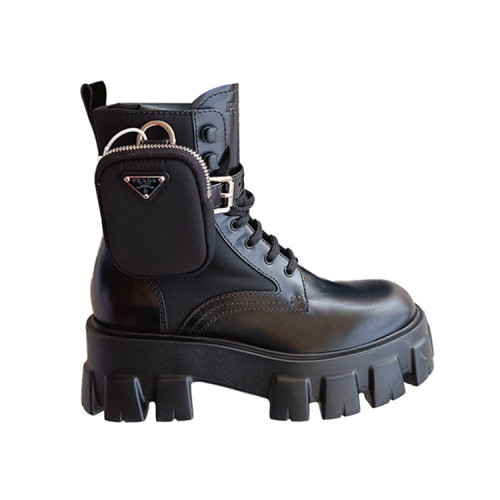 Prada 普拉达  女士黑色亮面皮拼尼龙厚底口袋靴