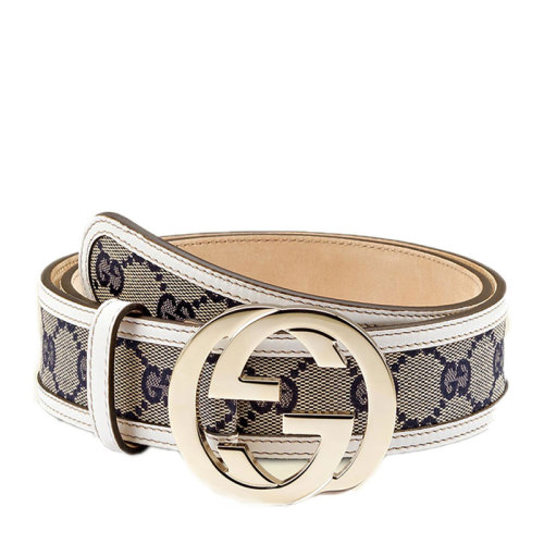 GUCCI/古驰 女士浅米色织布经典双G腰带头女式腰带皮带 114876-FWCGG-4085