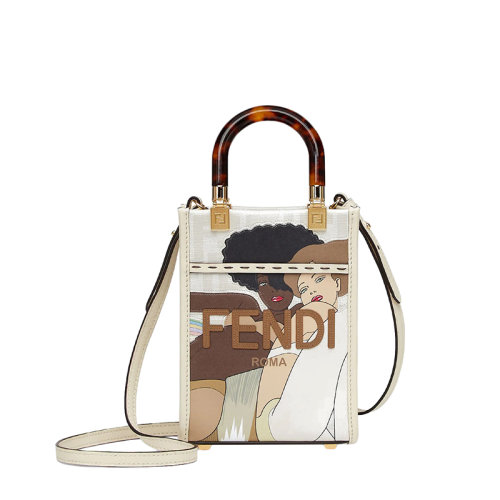Fendi/芬迪 22年春夏新款 Sunshine系列女士迷你白色棕色釉光布料小牛皮徽标比基尼女孩单肩手提包8BS051AJH8F1HDU