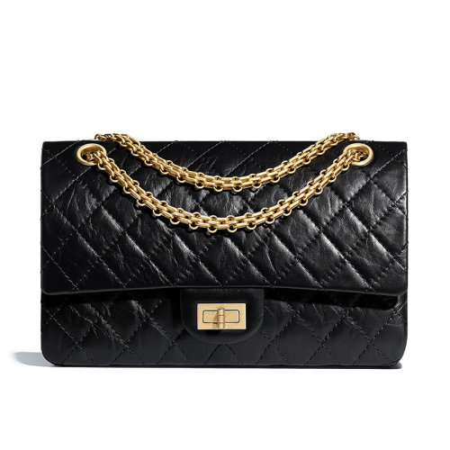  CHANEL/香奈儿 经典2.55系列 黑金 黑色鞣面小牛皮金扣小号24链条单肩包