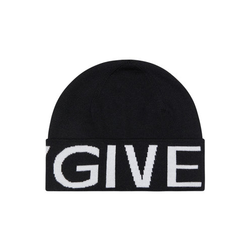 Givenchy/纪梵希新款 男士黑色美利奴羊毛提花GIVENCHY LOGO无边软帽BPZ02XP0DB-001