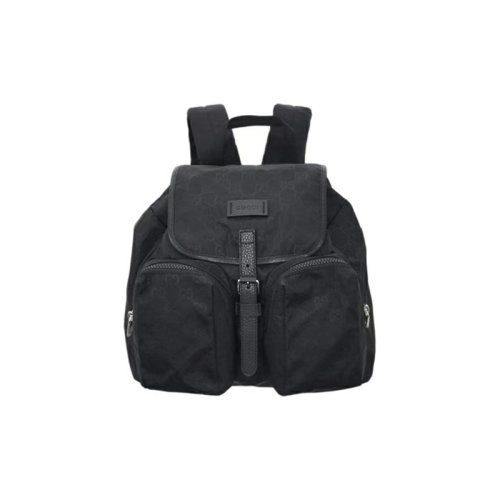 GUCCI|古驰 老花logo 皮革徽标尼龙拼皮 翻盖书包双肩包 中号 男女同款 黑色