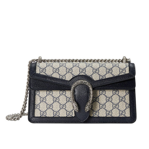 Gucci/古驰 22春夏新款Dionysus系列 女士小号浅米色/蓝色提花帆布虎头扣银色链式老花单肩包酒神包 499623K9GSN4075