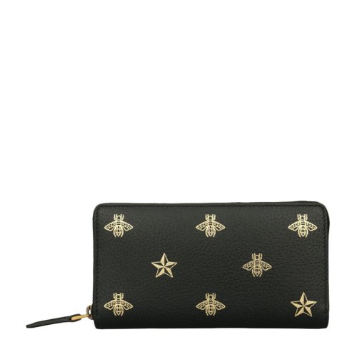 GUCCI/古驰  男士黑色牛皮蜜蜂星星图案印花拉链长款钱夹钱包黑色