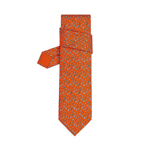 HERMES/爱马仕 男士橙/绿/蓝硬件图案真丝斜纹领带H606215T27