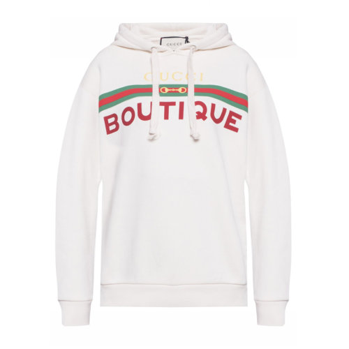 GUCCI 古驰 男女情侣款米白色logo字母印花连帽运动衫 中性卫衣