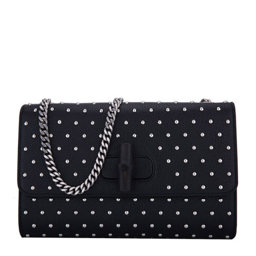 GUCCI/古驰 女士黑色皮革金属饰钉流苏装饰单肩包斜挎包链条包女包 387611-A88EN-1000