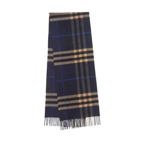 BURBERRY/博柏利新款 男女同款靛蓝/中调驼色经典格纹羊绒流苏围巾80223461