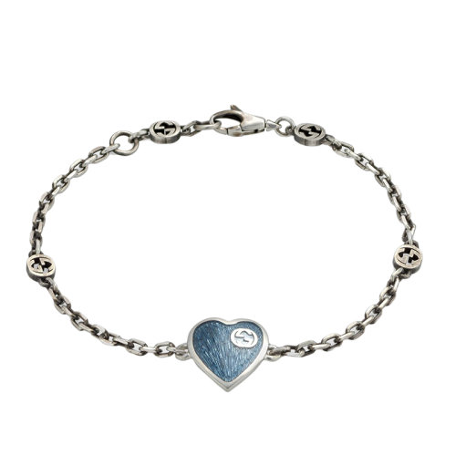 GUCCI/古驰 925银浅蓝色珐琅银色双G心型挂坠手链645546J89B48490