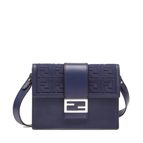 FENDI/芬迪 FLAT BAGUETTE系列 男士中号深蓝色皮革帆布翻盖刺绣老花图案配可拆卸肩带手提斜跨单肩包7VA524A9P6F1G97