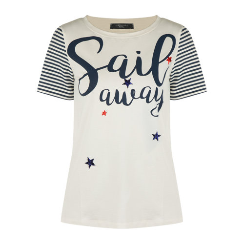 MaxMara/麦丝玛拉  女装 时尚百搭 袖口条纹 女士白色棉质短袖T恤 FIENO001 HKY012345C