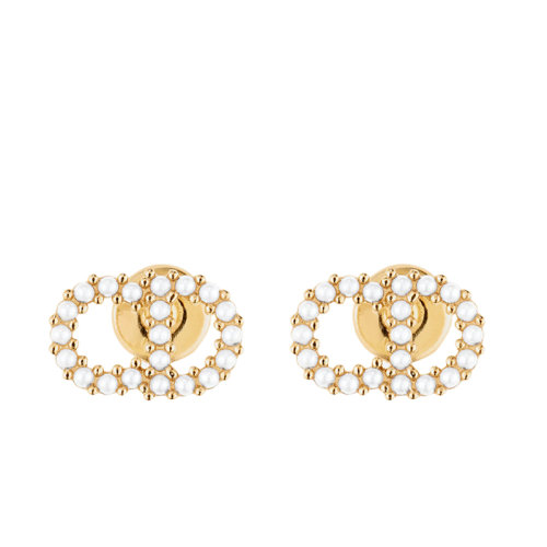 DIOR/迪奥 CLAIR D LUNE系列 金色饰面金属CD图案镶嵌白色树脂珍珠耳钉E1715CDLRS_D301