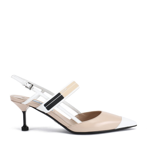 PRADA/普拉达 裸粉色/白色 女士拼色亮面皮魔术贴脚背带饰高跟鞋 1I296I_AZ3_F062Z_F_065