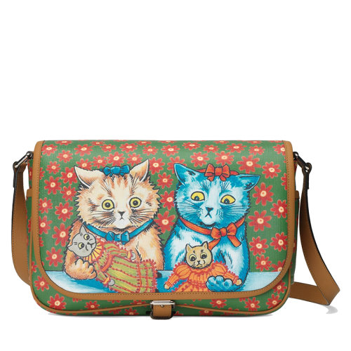 GUCCI/古驰  儿童款绿色帆布猫咪印花棕色皮革饰边单肩斜跨邮差背包?664143UR4AN3762