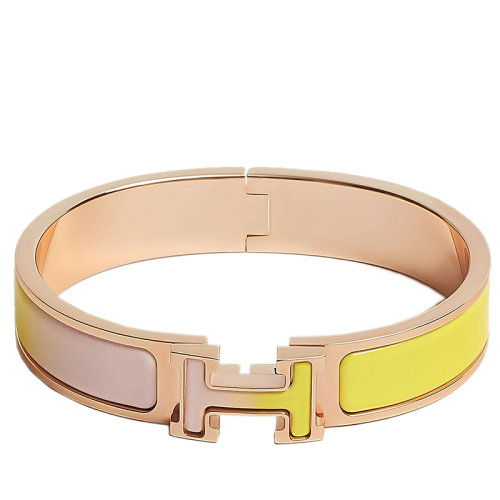 HERMES/爱马仕 经典款Clic H系列 糖果粉/网球黄渐变色珐琅镀玫瑰金饰面H标识手镯 H700003FOE1
