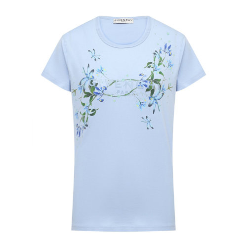 Givenchy/纪梵希 女士浅蓝色棉质经典字母徽标印花装饰圆领短袖上衣T恤 BW707Y3Z3W-450