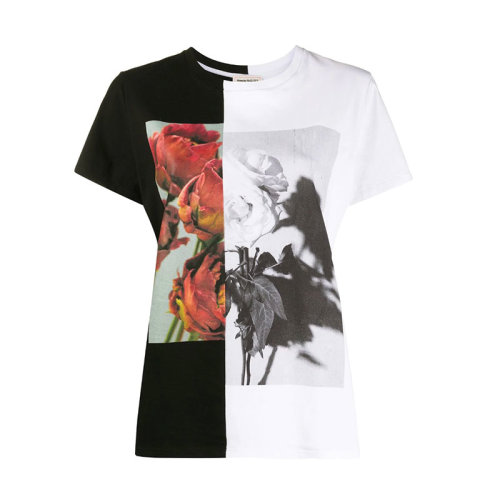Alexander McQueen/亚历山大麦昆  女装 女士双色玫瑰印花时尚百搭圆领春夏短袖T恤 610881QZAAY520