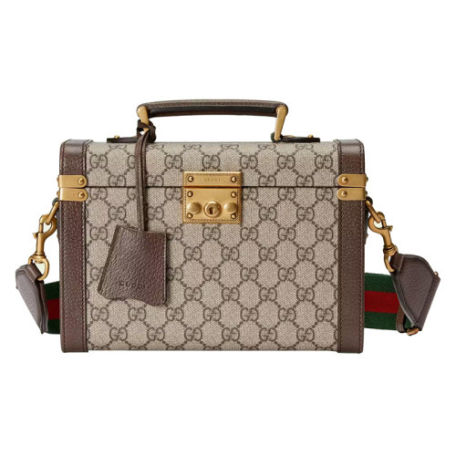 Gucci 古驰 22新款 女士米色/乌木色帆布棕色皮革饰面复古金色细节绿色红色条纹肩带手提肩背化妆盒子包69880996IWT8745