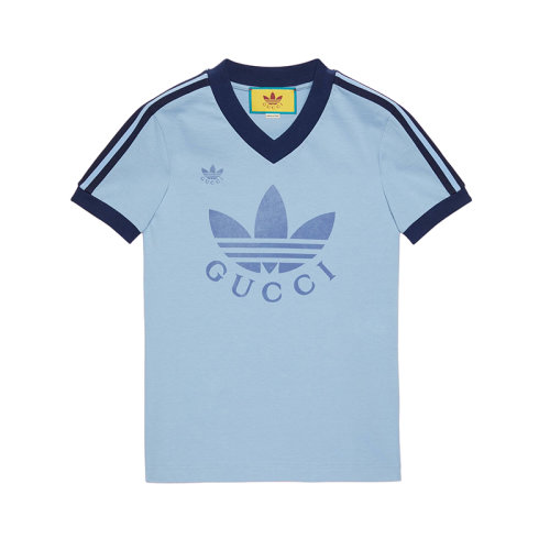 GUCCI/古驰 22年秋冬新款 adidas联名系列 女士浅蓝色纯棉Logo印花短袖T恤?693636XJEBZ4709