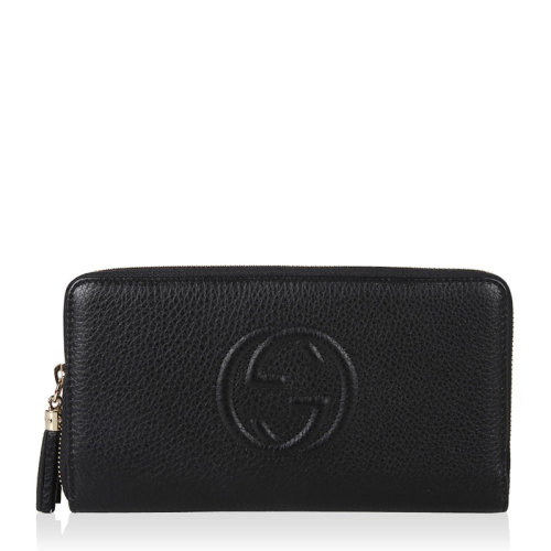 GUCCI/古驰 女士黑色双G logo 压纹牛皮长款拉链钱包