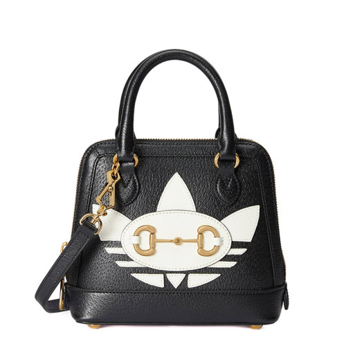 GUCCI/古驰 22新款阿迪达斯联名Horsebit 1955系列 女士迷你黑色皮革白色联名系列三叶草印花金扣单肩手提包?677212U3ZDG8726