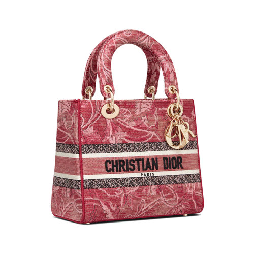 DIOR/迪奥 23新款 LADY D-LITE系列 女士中号金属红刺绣织锦金色金属吊饰拆卸调节宽肩带单肩手提斜挎包M0565ORWL_M33E