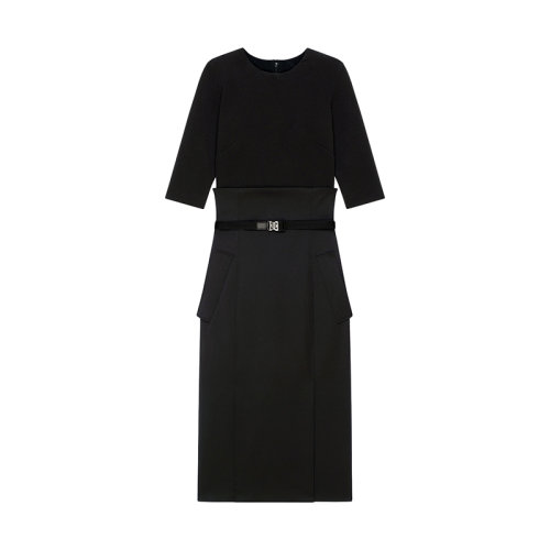 Givenchy/纪梵希 22年秋冬新款 女士黑色科技羊毛混纺斜纹短袖中长款连衣裙BW21GK14FX-001