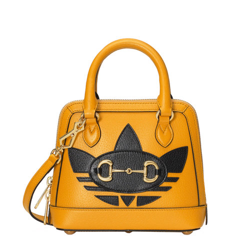 GUCCI/古驰 22新款阿迪达斯联名Horsebit 1955系列 女士迷你黄色皮革饰黑色主题系列三叶草印花金扣配可拆卸红绿织物肩带单肩斜挎手提包677212U3ZDG7775