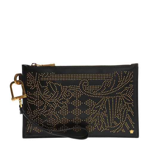 VERSACE/范思哲 男士黑色小牛皮铆钉装饰拉链开合公文包手拿包手包腕包男包 DP84725-DARLS-K41OT