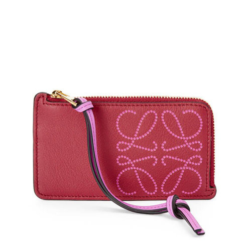 LOEWE/罗意威 22春夏新款 女士胭脂/亮紫色小牛皮激光刺绣金扣硬币卡夹钱包0010686301