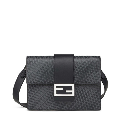 FENDI/芬迪 20  FLAT BAGUETTE系列 男士深灰色FF图案印花小牛皮磁扣翻盖单肩斜挎包7VA524AGLPF0L6B