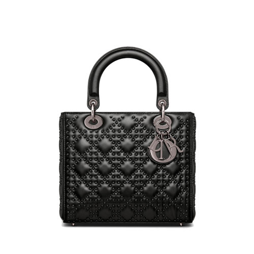 DIOR/迪奥 22新款LADY DIOR系列 女士中号黑色羊皮革藤格纹刺绣铆钉装饰单肩斜挎手提戴妃包M0565BNNH_M900