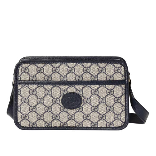 Gucci/古驰 22春夏新款 男士米色/蓝色提花帆布蓝色皮革肩带滚边老花单肩盒子包 658572K9GSN4075