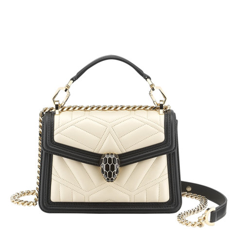 BVLGARI/宝格丽 SERPENTI DIAMOND BLAST系列 女士小号白色纳帕皮黑色皮革饰边翻盖黑色蛇头扣链条单肩斜挎包291009