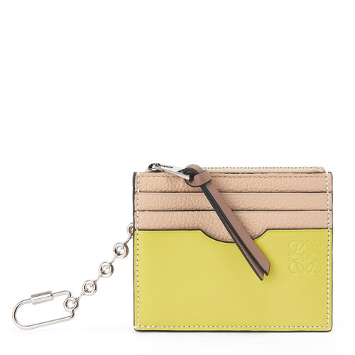 LOEWE/罗意威 22新款 女士香草黄/裸色小牛皮配银色钥匙扣拉链开合多卡槽钱包卡包钥匙包C821B35X01-1851