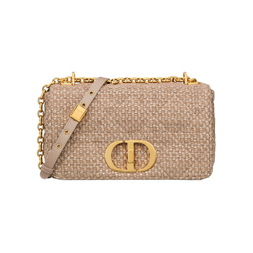 DIOR/迪奥 22新款 Caro系列 女士中号棕色斜纹刺绣软呢翻盖复古金色纽扣拆卸链条肩带手提肩背斜挎包M9242UTIZ_M16E