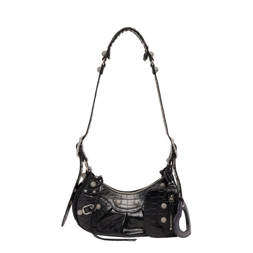 Balenciaga/巴黎世家 22春夏新款LE CAGOLE系列 女士超小号黑色牛皮革鳄鱼压纹爱心镜子镶水钻做旧银扣肩背手提腋下包 67130923EJY1000