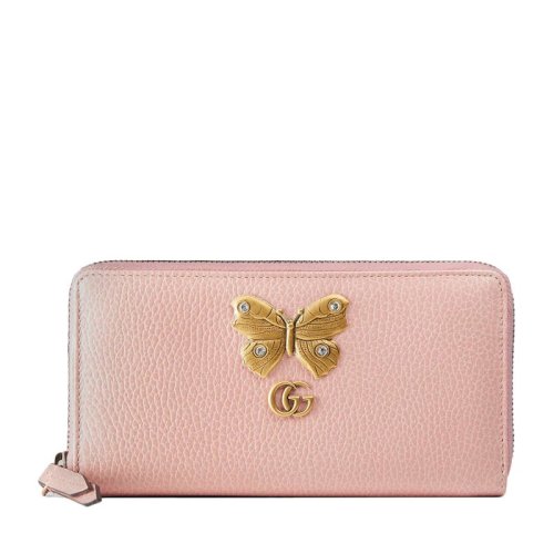 GUCCI 古驰 女士浅粉色牛皮与水晶蝴蝶拉链钱夹钱包浅粉色
